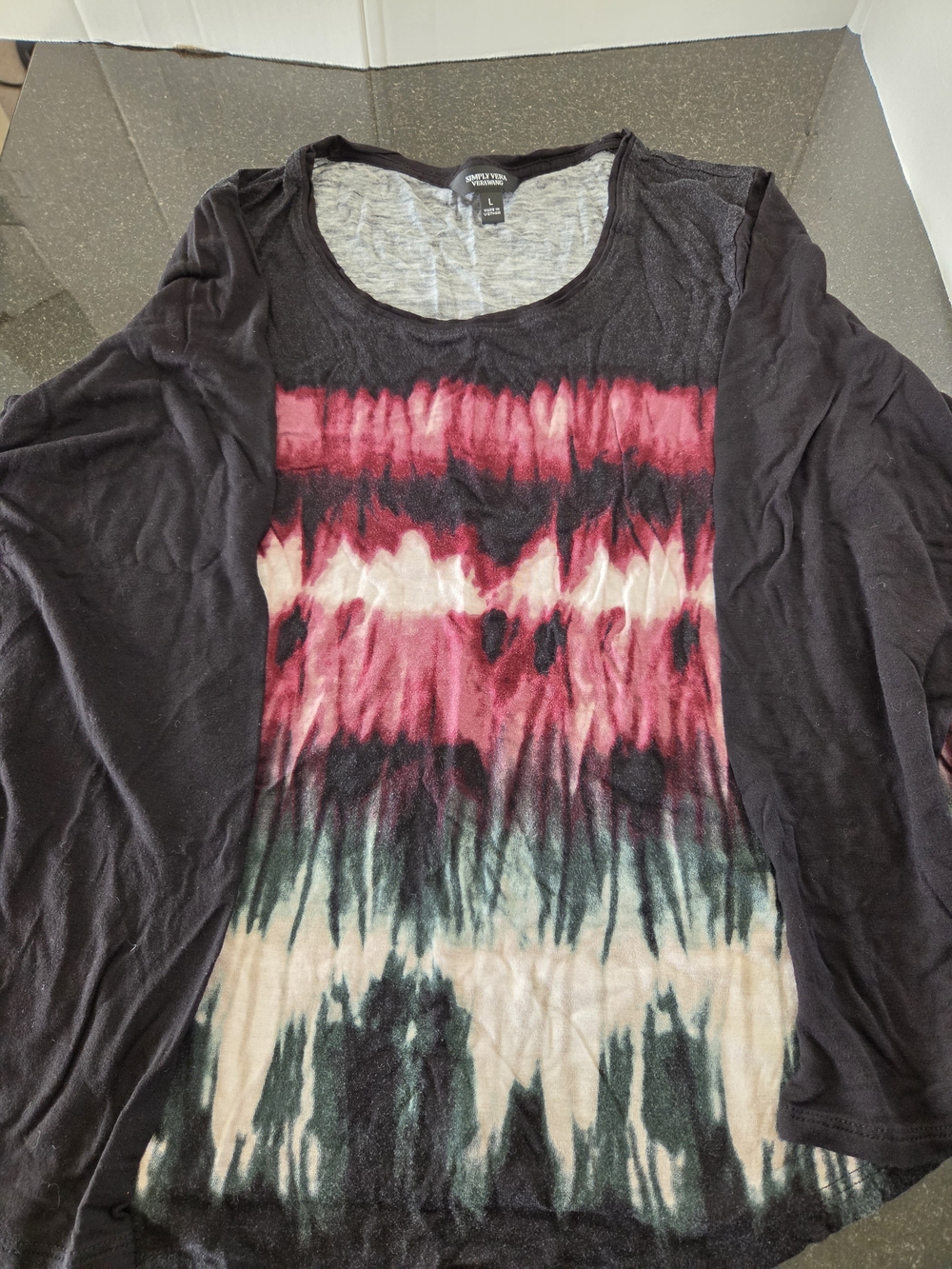 Simply Vera Vera Wang Black Long Sleeve Tie-Dye Front Tee with Pink and Green
